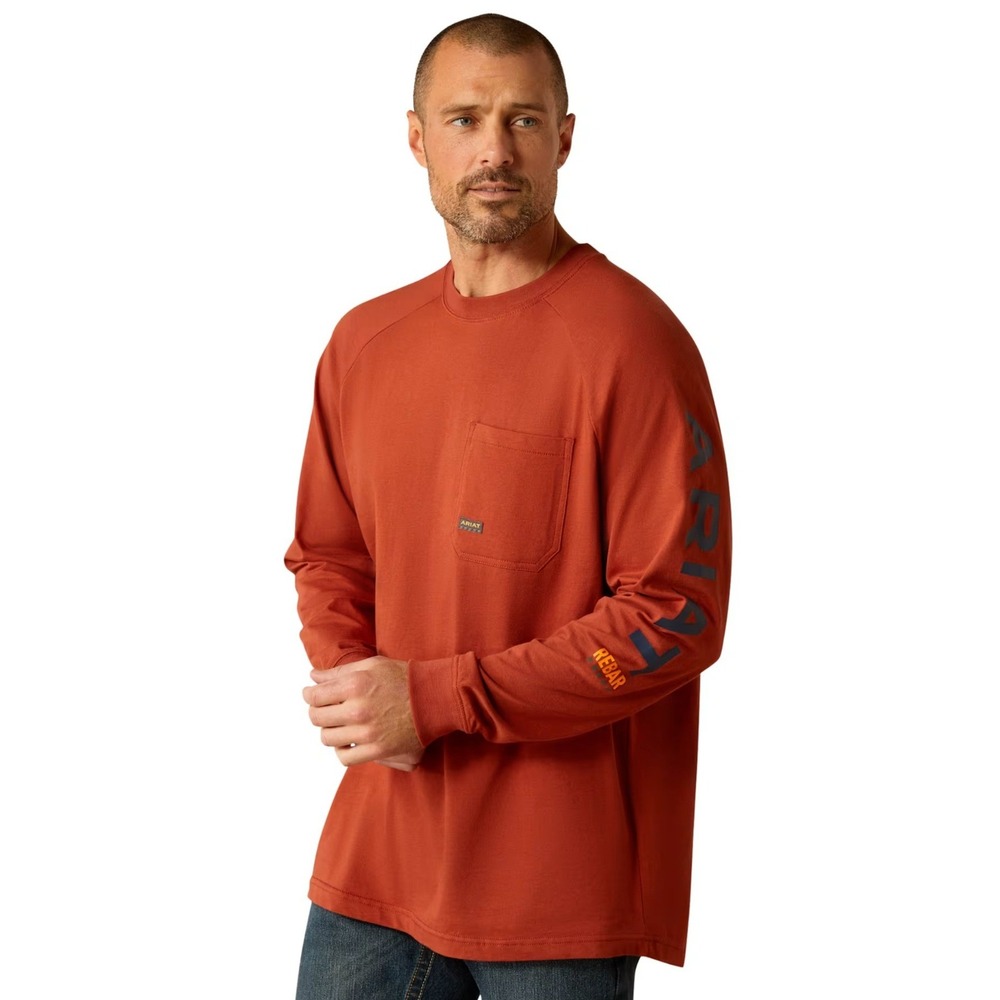 Ariat Mens Cotton T-Shirt 2XT Orange Rebar Logo Graphic Long Sleeve Workwear